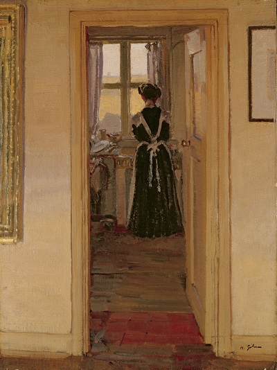 A painting of a maid at a kitchen sink seen through a doorway
