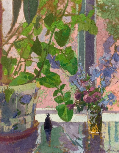 A painting of a plant and smaller vase of flowers on a windowsill, main colours are purples and green