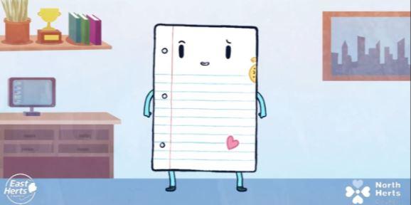 Cartoon notebook character standing in a living room