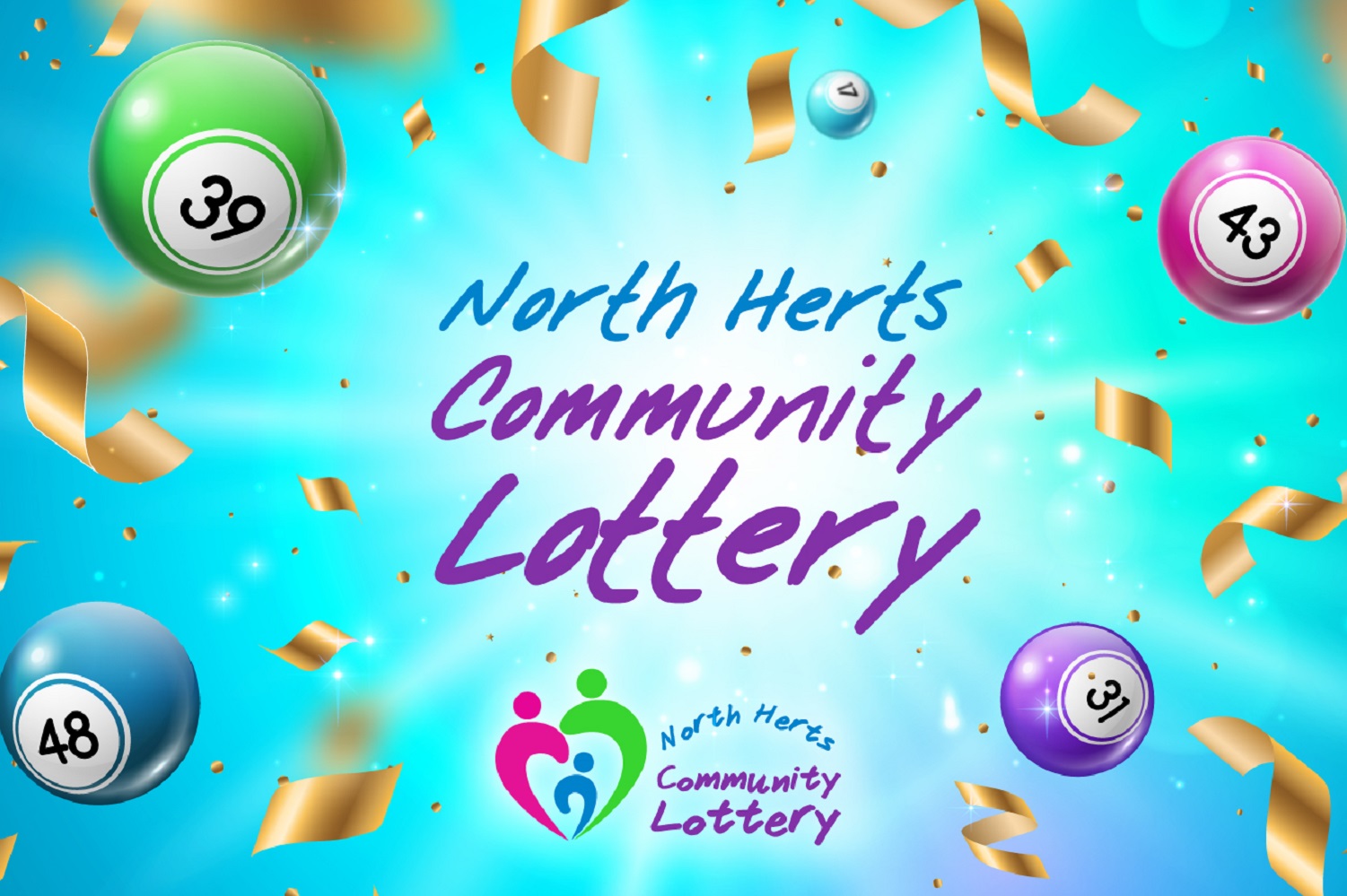 North Herts Community Lottery graphic with lottery balls