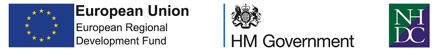 EU European Regional Development Fund, HM Government, NHDC logo