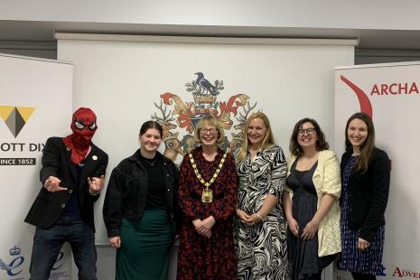 Nick Jemetta in Spiderman mask, Mia Jaszewska, Chair of North Hertfordshire Council Cllr Val Bryant, Karen Stephens, Bekah Nicolas and Anni Sander