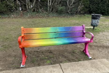The rainbow coloured bench at Windmill Hill