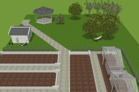 Design image of the new outdoor classroom showing plant beds, trees and structures