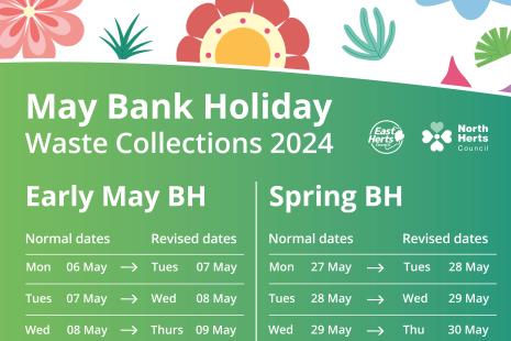May bank holiday waste collections 2024. Date changes listed in table below.