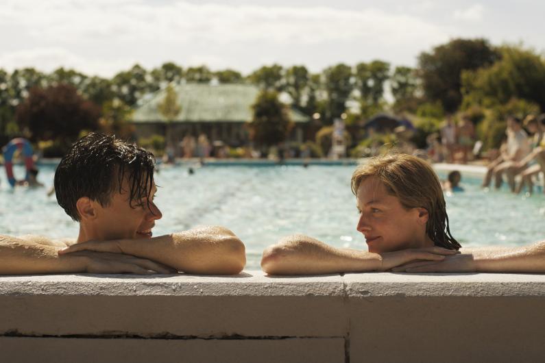 Harry Styles and Emma Corrin at Hitchin Outdoor Pool in the film My Policeman
