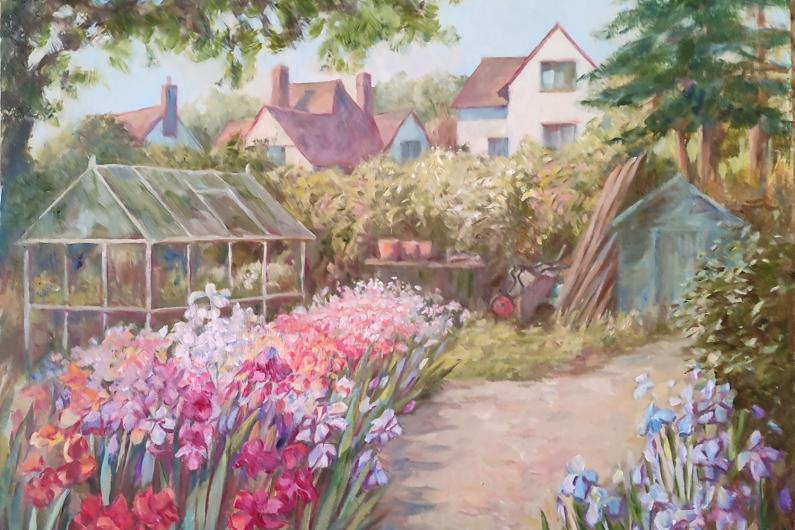 Colourful painting of a Letchworth allotment