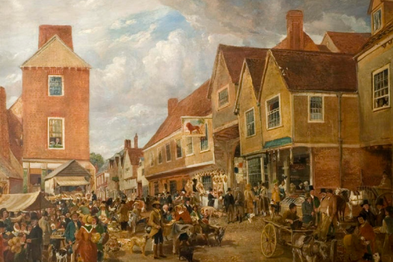 Painting of Hitchin Market Place by Samuel Lucas c.1840