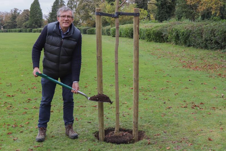 Councillor Steve Jarvis with a new tree at Baldock Recreation Ground in Letchworth
